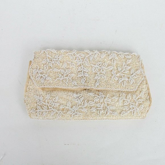 Vintage La Regale Ltd Beaded Beige/Ivory Foldover Clutch Handbag Purse Evening - Picture 2 of 8